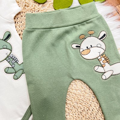 Conj. de Malha 3 peças - Girafinha - Off White, Verde e Caramelo